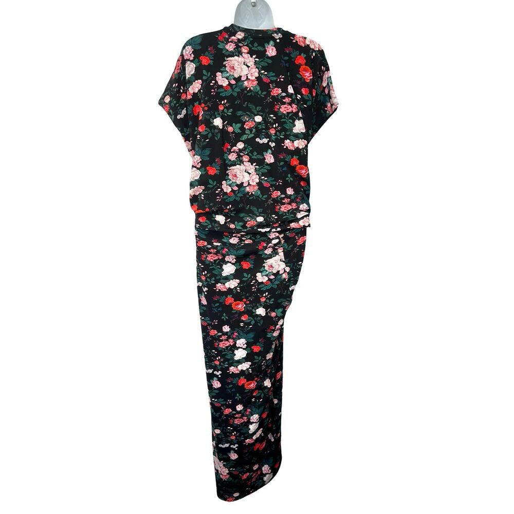Paco Rabanne Black Pink Floral Cap Sleeve Belt Faux Wrap Midi Dress 44 / 12 NEW - Picture 4 of 14